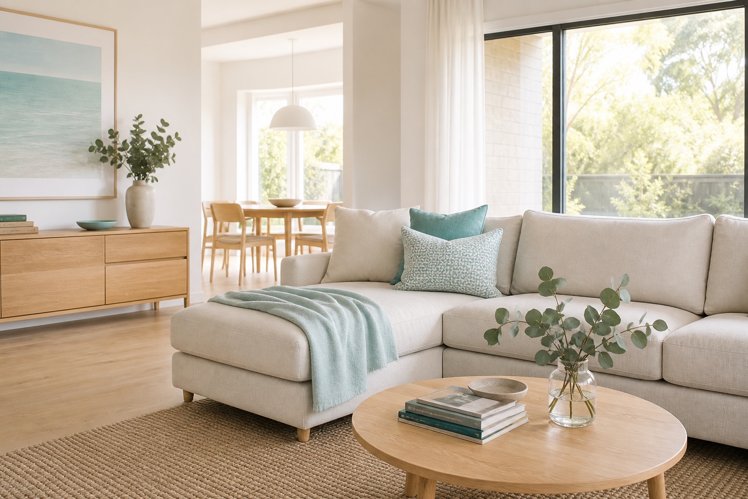 A bright, freshly cleaned living room with warm timber and soft teal accents